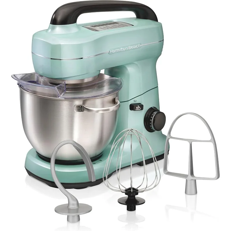 Hamilton Beach Electric Stand Mixer, 4 Quarts, Dough Hook, Flat Beater Attachments, Splash Guard, 7 Speeds with Whisk, Aqua