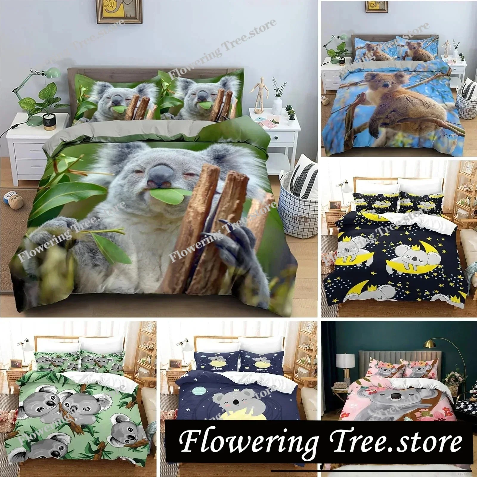 

Cartoon Koala Duvet Cover King Queen Lovely Animal Bedding Set for Kids Teens Adults Wildlife Quilt Cover with Pillowcase