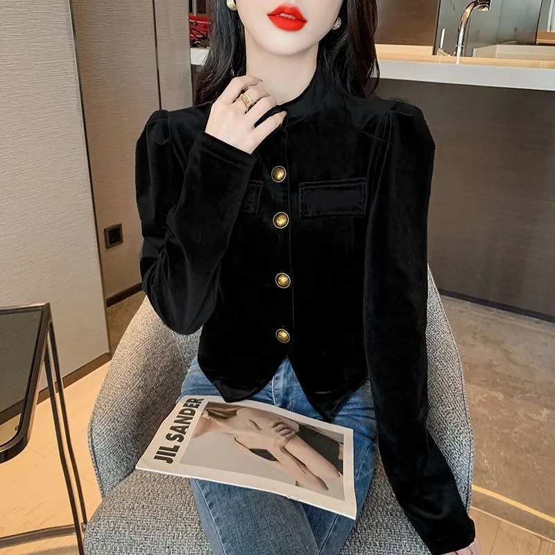 Autumn and Winter Long-sleeved Gold Velvet Women's Shirt Women's Waist-hugging Black Irregular Base Shirt Top