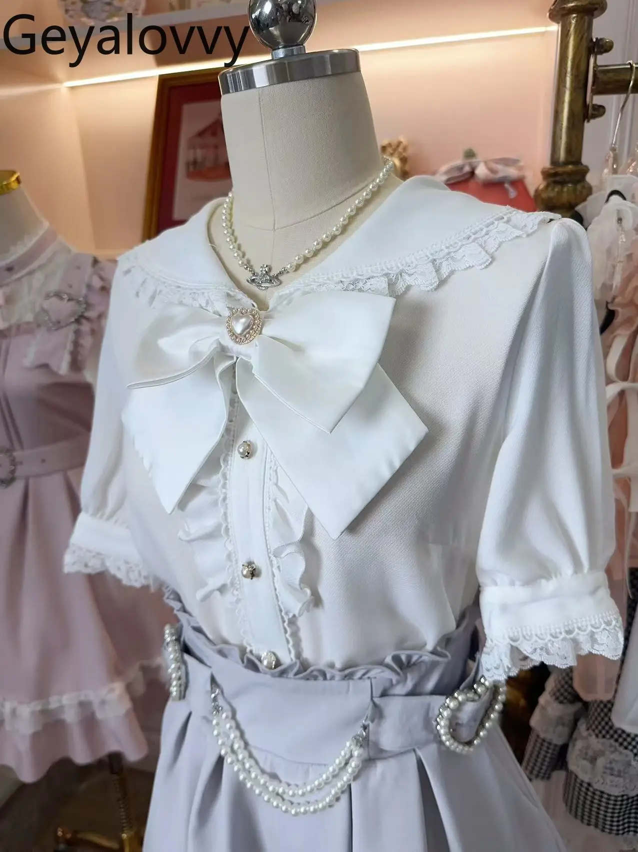 

Japanese Sweet Cute Girls Rabbit Ear Shirt Short-sleeved Top Summer New Versatile Bow Doll Collar Lace Fungus Edge Blouse