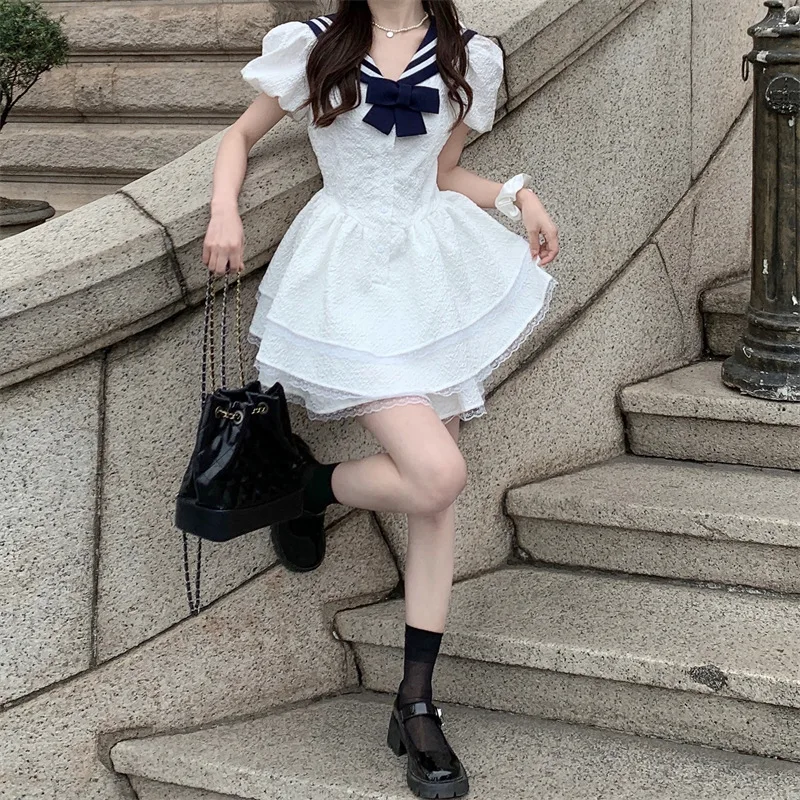 CGC Preppy Style Lolita White Dresses Navy Collar Kawaii Summer Japanese White Dresses Casual Short Sleeve Elegant Party Dress