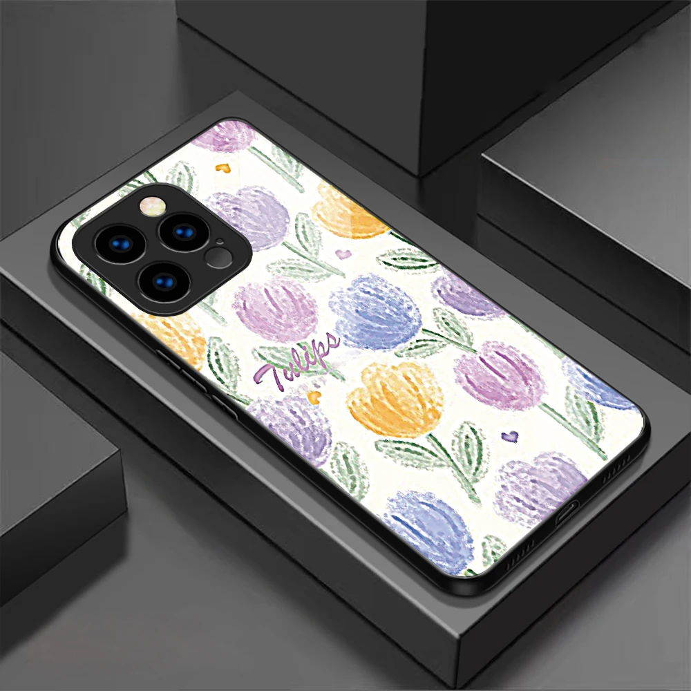 

Tulips Flower Pattern Tempered Glass Phone Case For Samsung Galaxy A16 A15 A25 A35 A55 A24 A34 A54 A53 A33 A13 A14 A52 A51 Cover