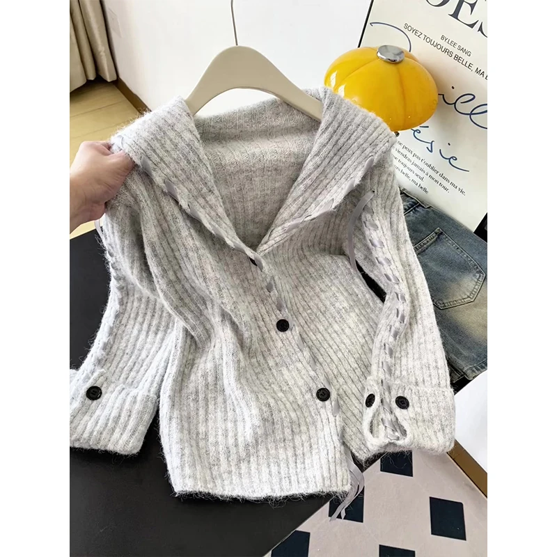 

ay Темно-синий открытый кардиган с воротником, женский свободный вязаный свитер, осень-зима, удобный утягивающий мягкий длинный топ све