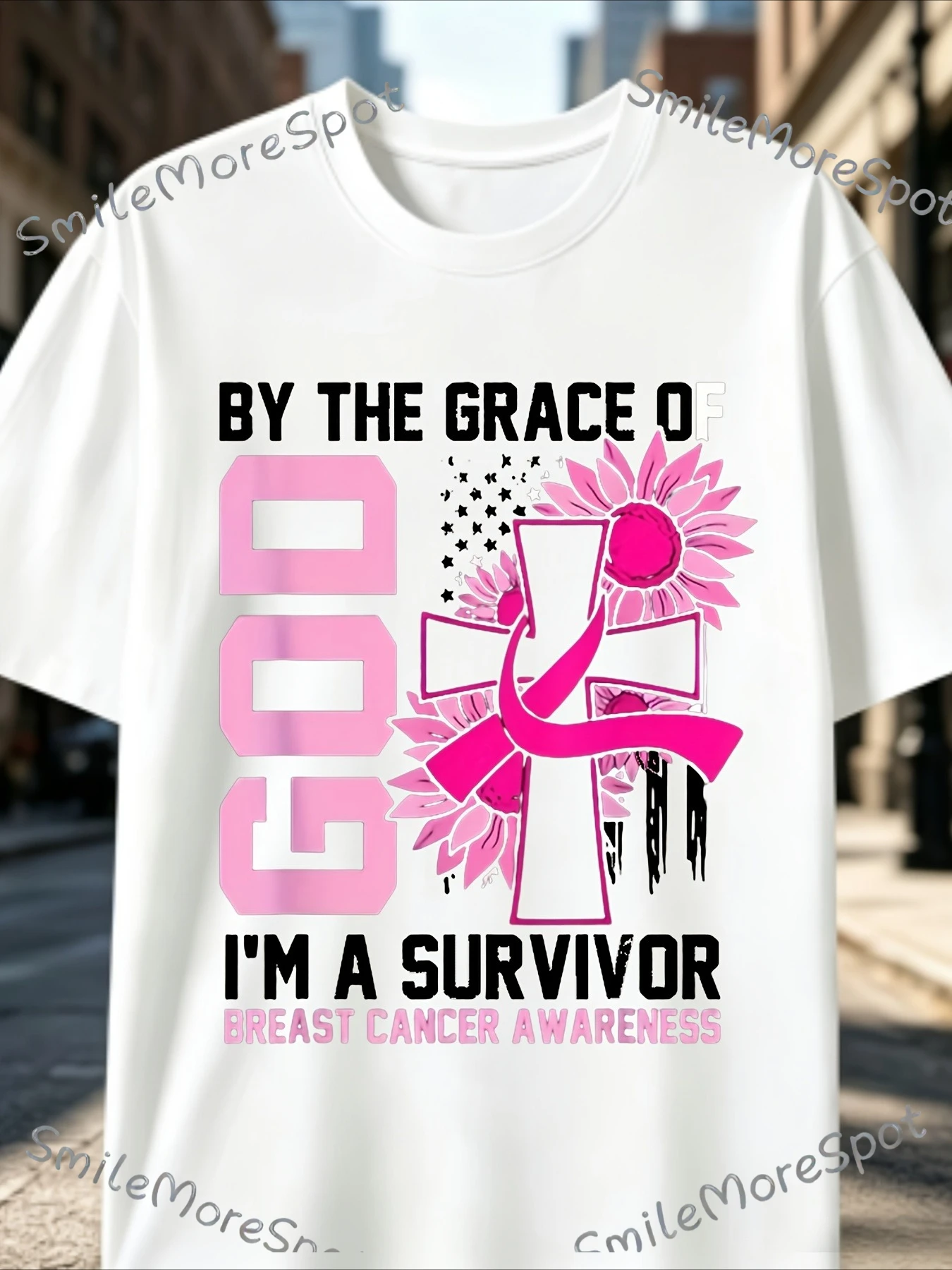 By The Grace of God I'M a Survivor Breast Cancer Awareness T-Shirt Trendy Oversized Tee with Pink Ribbon Cross Design Soft Comfortable Machine Washable Ideal for Casual Wear Gym 2Retro Casual Crew Neck Printed T-Shirt