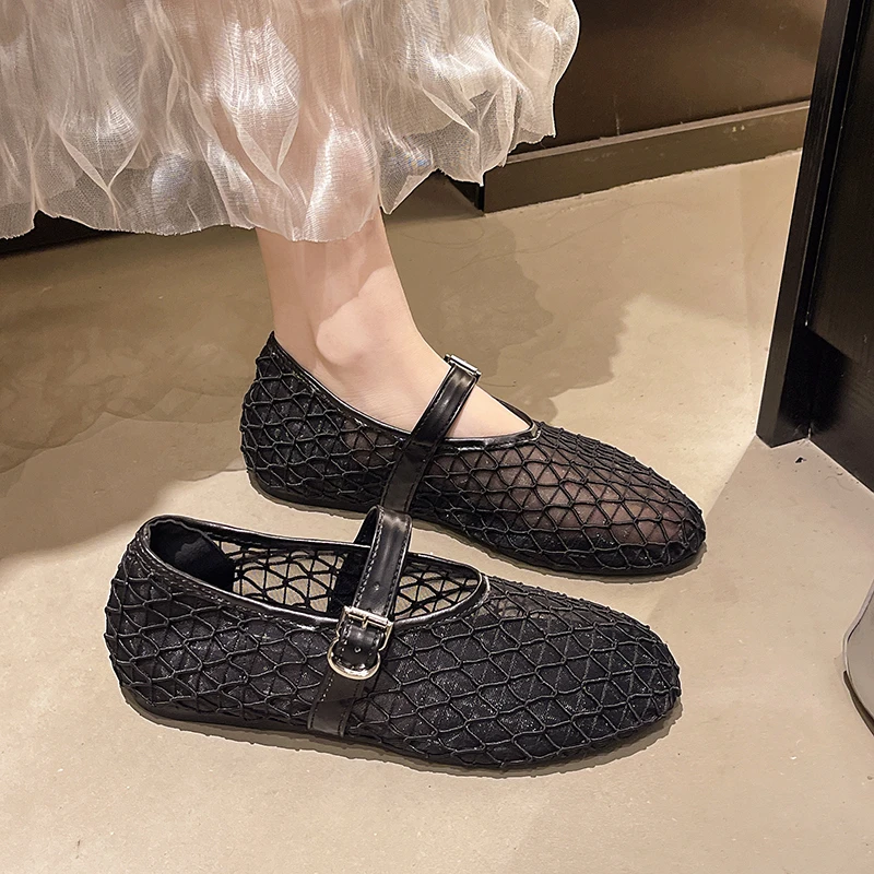 YNPO 2026 Womens Mesh Mary Jane Flat Sandals Summer Breathable Hollow Out Fishnet Ballet Shoes Buckle Strap Lightweight Shoes