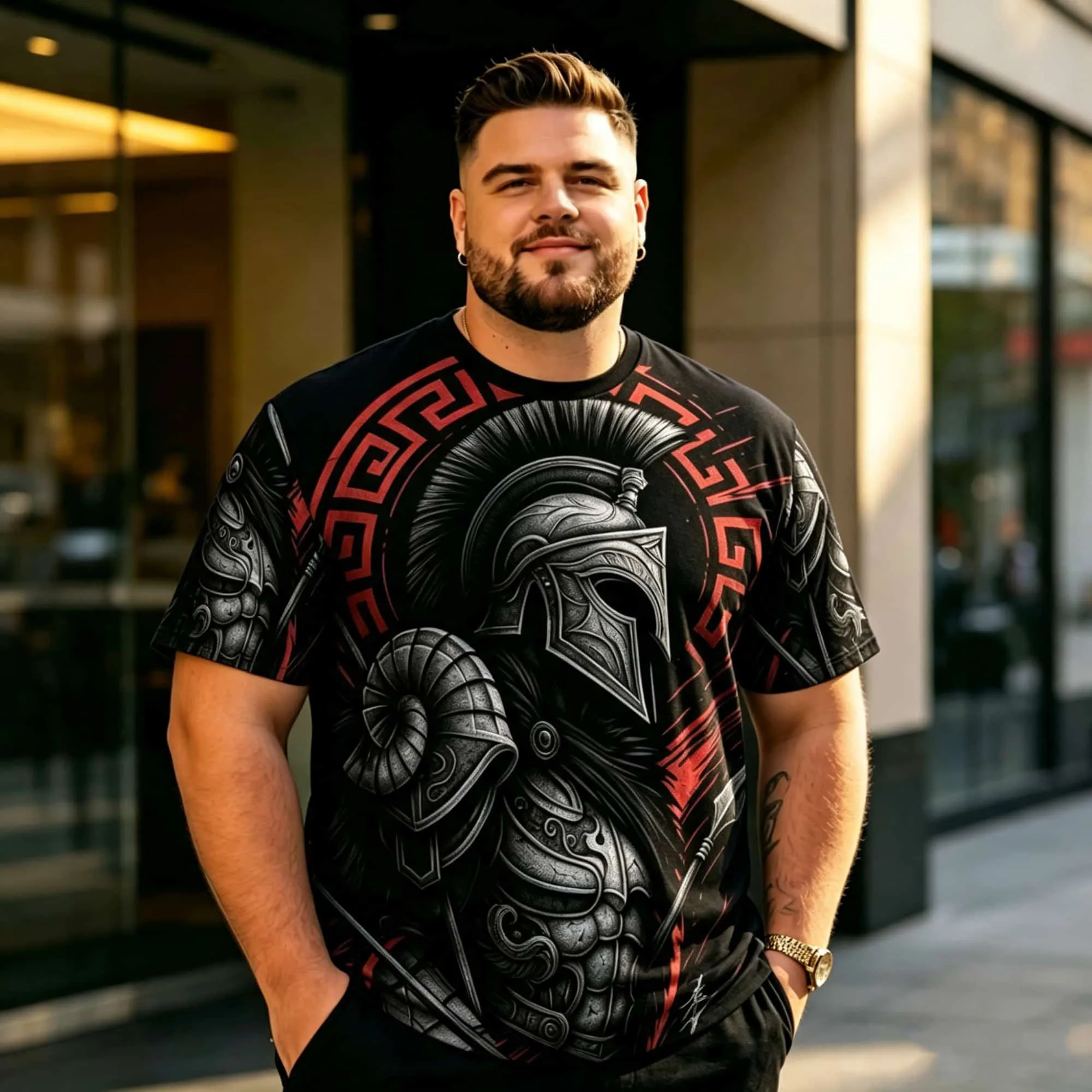 Men Black Short Sleeve T-Shirt Spartan Warrior Helmet Greek Border Print Vintage Gothic Oversized Casual Street Tee