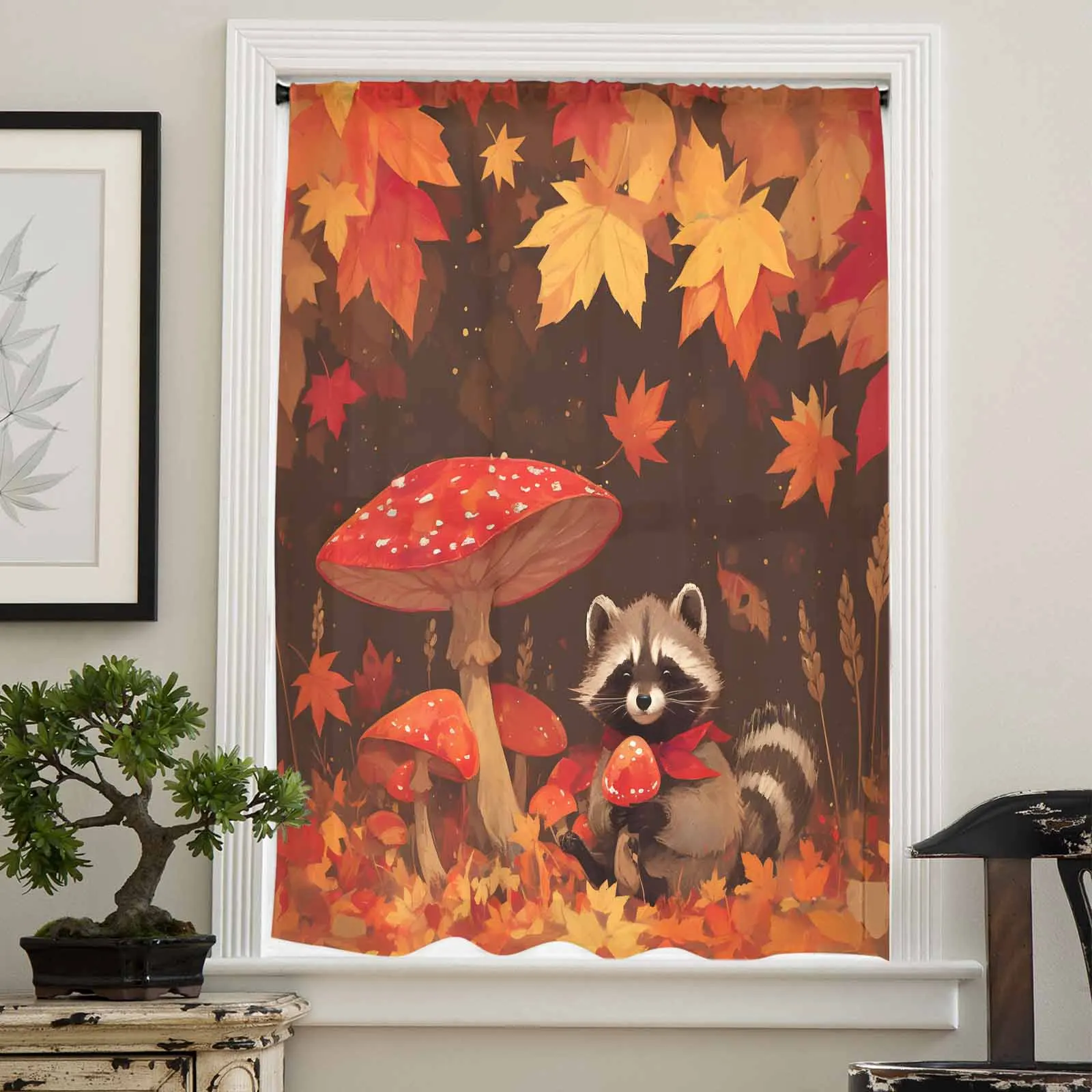 Autumn Maple Leaf Mushroom Raccoon Sheer Curtains for Living Room Printed Tulle Window Curtain Luxury Home Balcony Decor Drapes