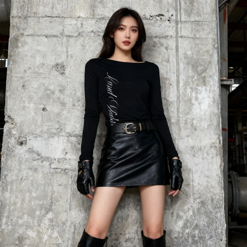 

Новые облегающие футболки с круглым вырезом и длинными рукавами с буквенным принтом в готическом стиле для мужчин и женщин весной и осенью 2025 г.