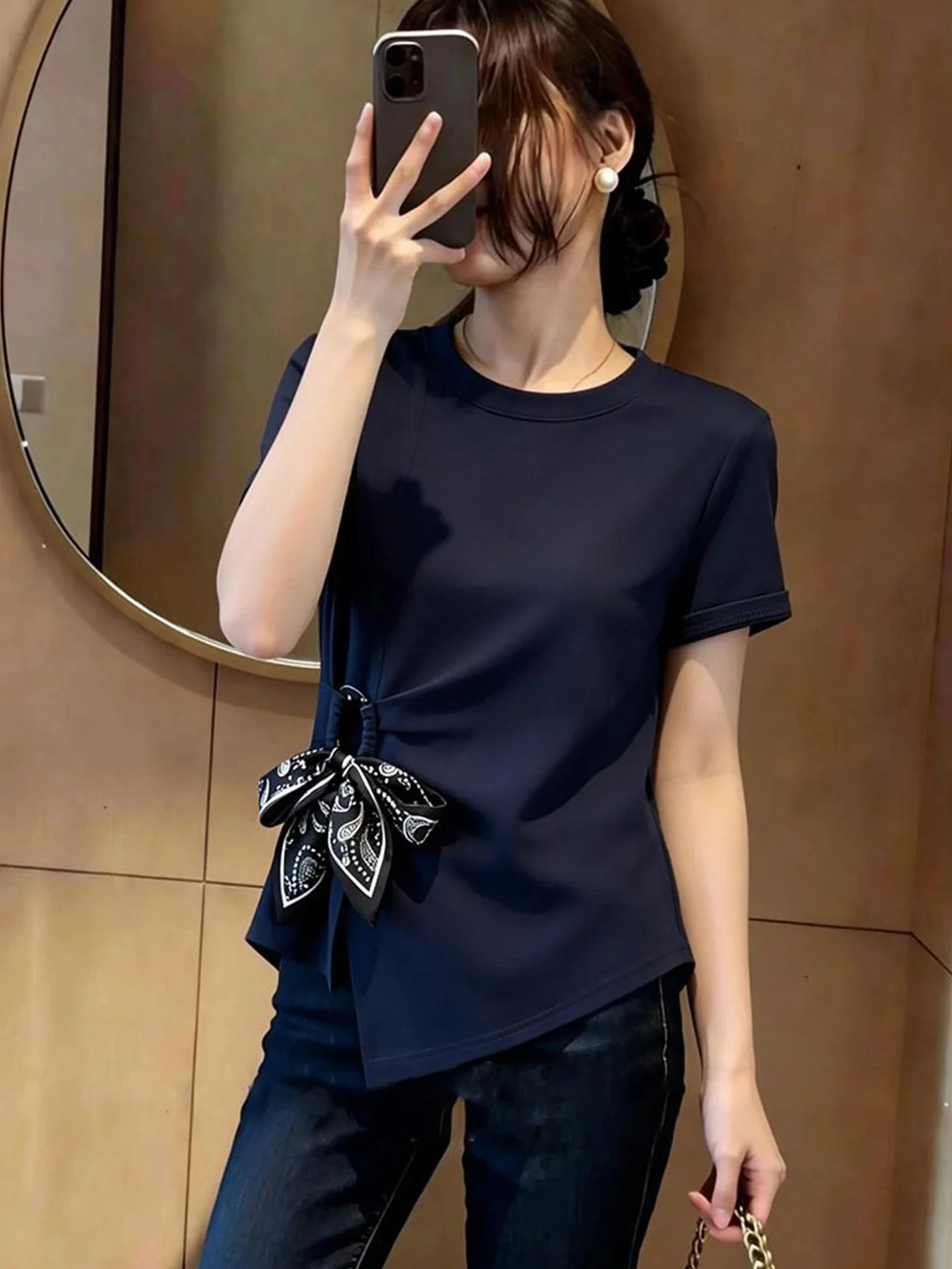 

Trendy Knot Design Short Sleeve Casual Top Women's Fashionable Versatile Summer Tee Korean Style Straight Cut