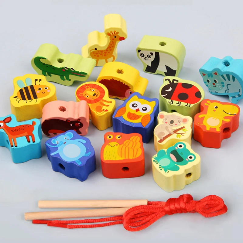 TongYueFun Kids Montessori Educational Wooden Cartoon Fruit Animal Beads Stringing Threading Toy Children Gifts