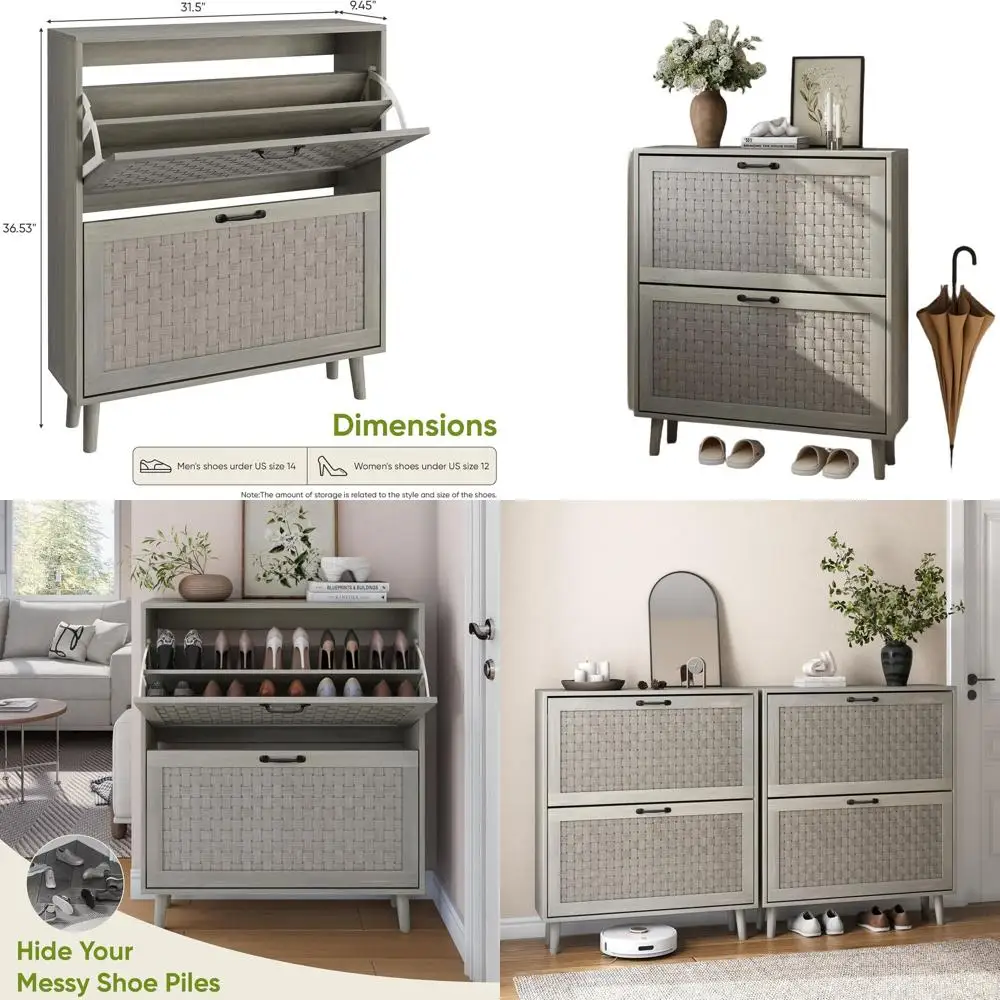 

Шкаф для обуви из ротанга ручной работы с двумя ящиками, тонкий шкаф для хранения вещей для прихожей, шкаф для обуви из дуба в деревенском стиле