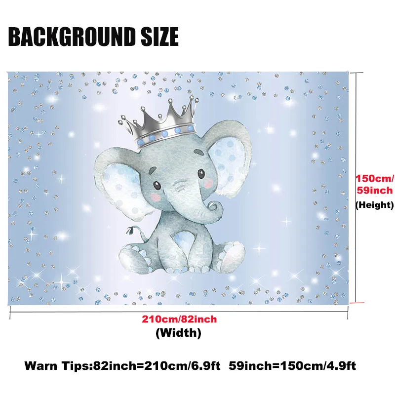 Prince Elephant Background For Photography Silver Crown Newborn Boy Baby Birthday Light Bluey Backdrop Party Decor Photo Studio