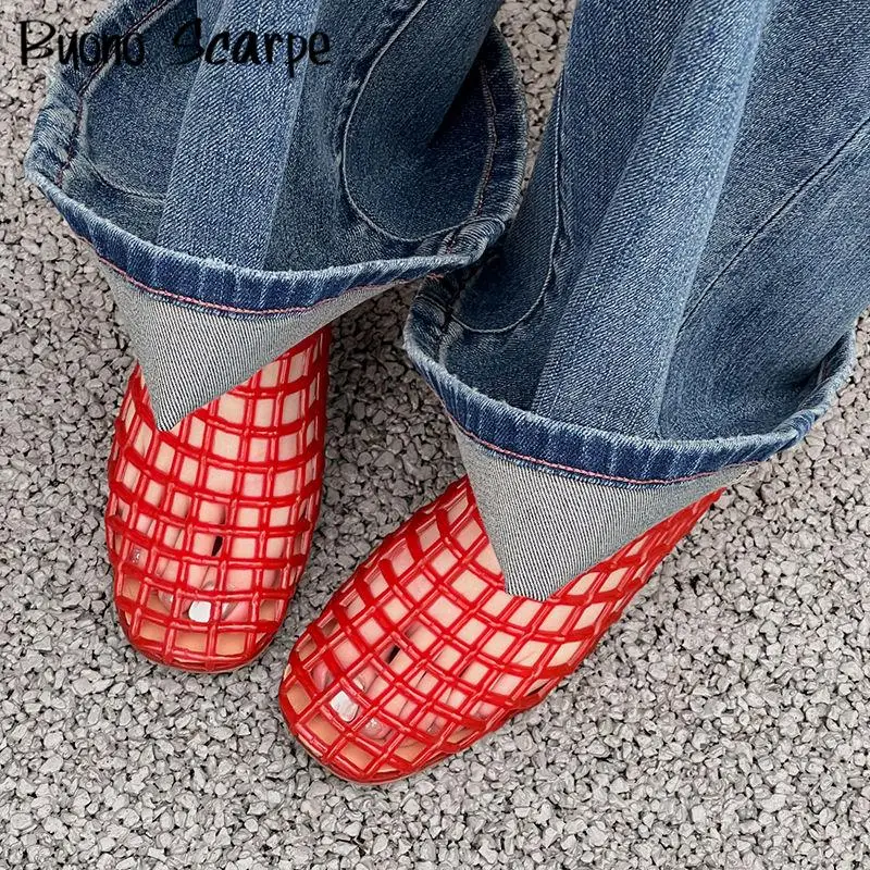 

Luxury Designer Pvc Hollow Out Put Weave Round Toe Flats Women Sandals Slip On Shallow High Heels Fashion Western Casual Shoes