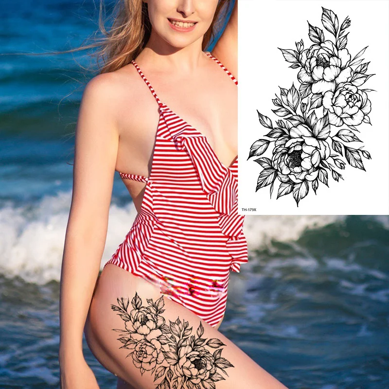 Sexy Flower Waterproof Temporary Tattoos Sticker Arm Rose Tattoo for Women Black Line 3D Body Art Wrist Ankle Leg Fake Tattoos