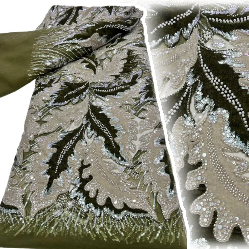 

Африканская зеленая бархатная кружевная тюлевая ткань с бисером, 2025, высокое качество, французская кружевная ткань с вышивкой бисером и блестками для шитья TP1322