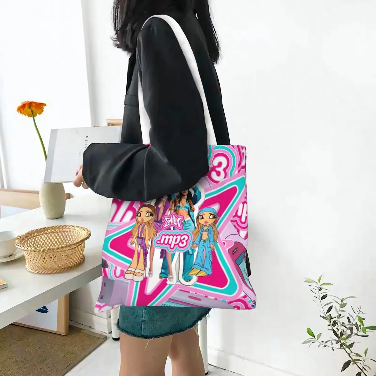 MP3 에밀리아 멜레스 쇼핑백 소녀용 캔버스 토트백 접이식 소녀용 숄더 토트 여행용 핸드백