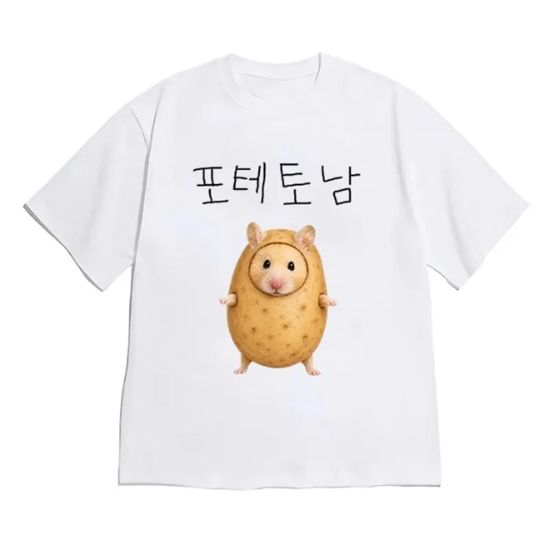 Women Korean Streetwear T-Shirt Funny Potato Hamster Meme Hangul Text Graphic Loose Cotton Y2k Casual Short Sleeve Daily Tops