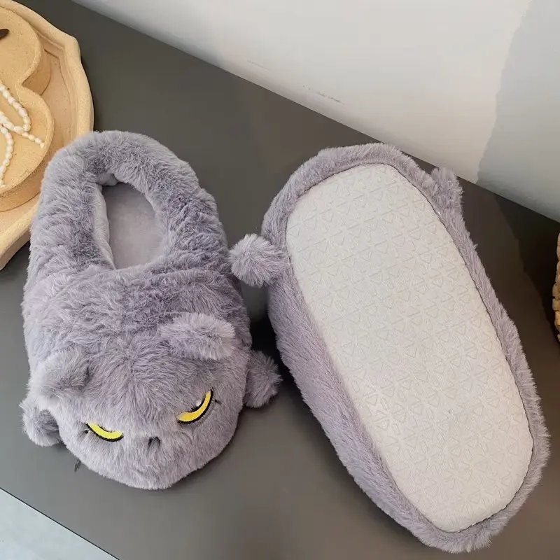 Cute Cartoon Cat Indoor Fluffy Slippers For Women Men Funny House Shoes Warm Faux Fur Anti-slip Couples Winter Home Cotton Shoe view 6