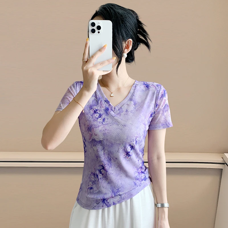 Summer Faion Floral Print Me ort Sve T-irt Women Slim Fit V-Ne f Sve Top Trendy Street Sle Moisture ng