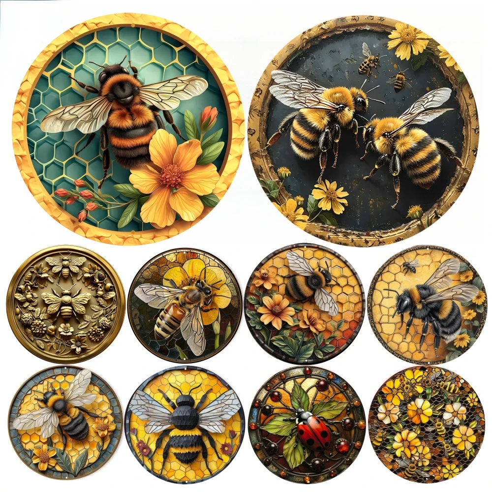 Round Metal Aluminum Sign Bee & Honeycomb Decorative Plates Entrance Decor Gift Mask Theme For Bar Club Home Room Wall Decor