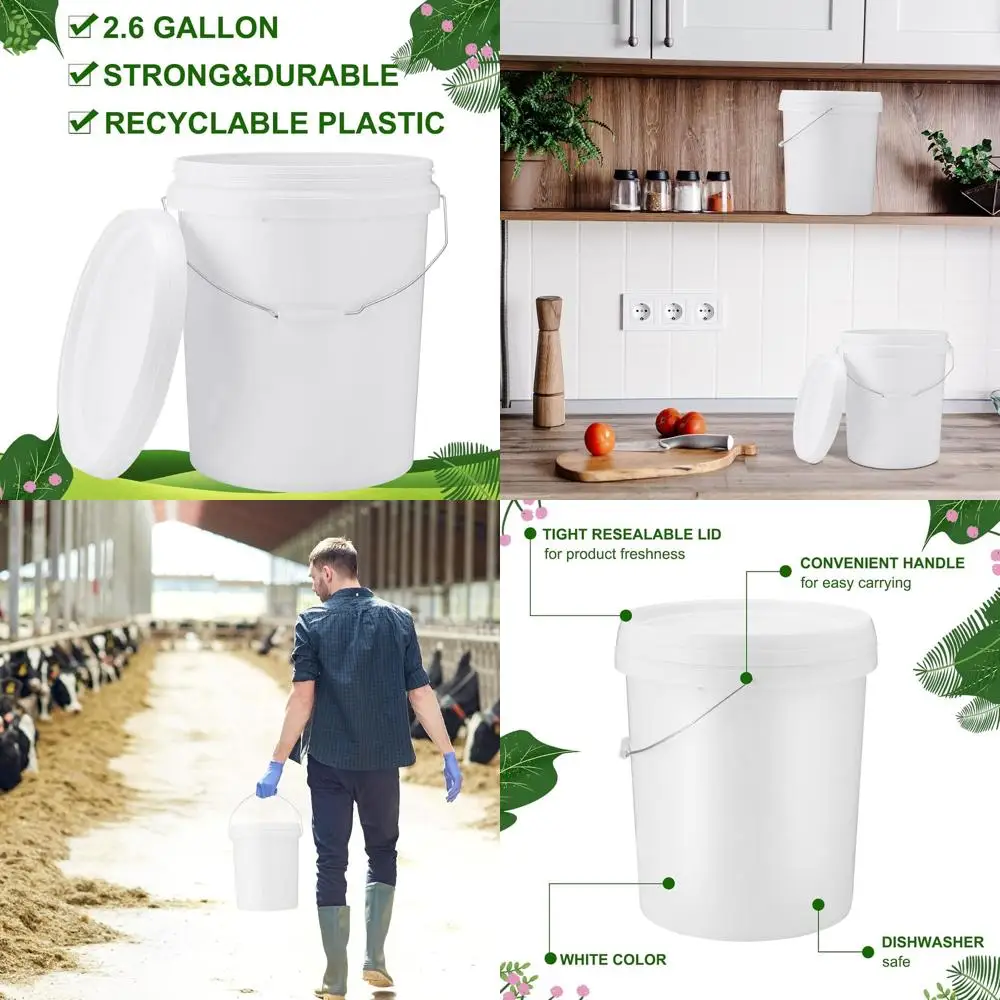 

10-Pack White Plastic Buckets with Handle and Lid for Food Storage, Multipurpose Use, and Organization
