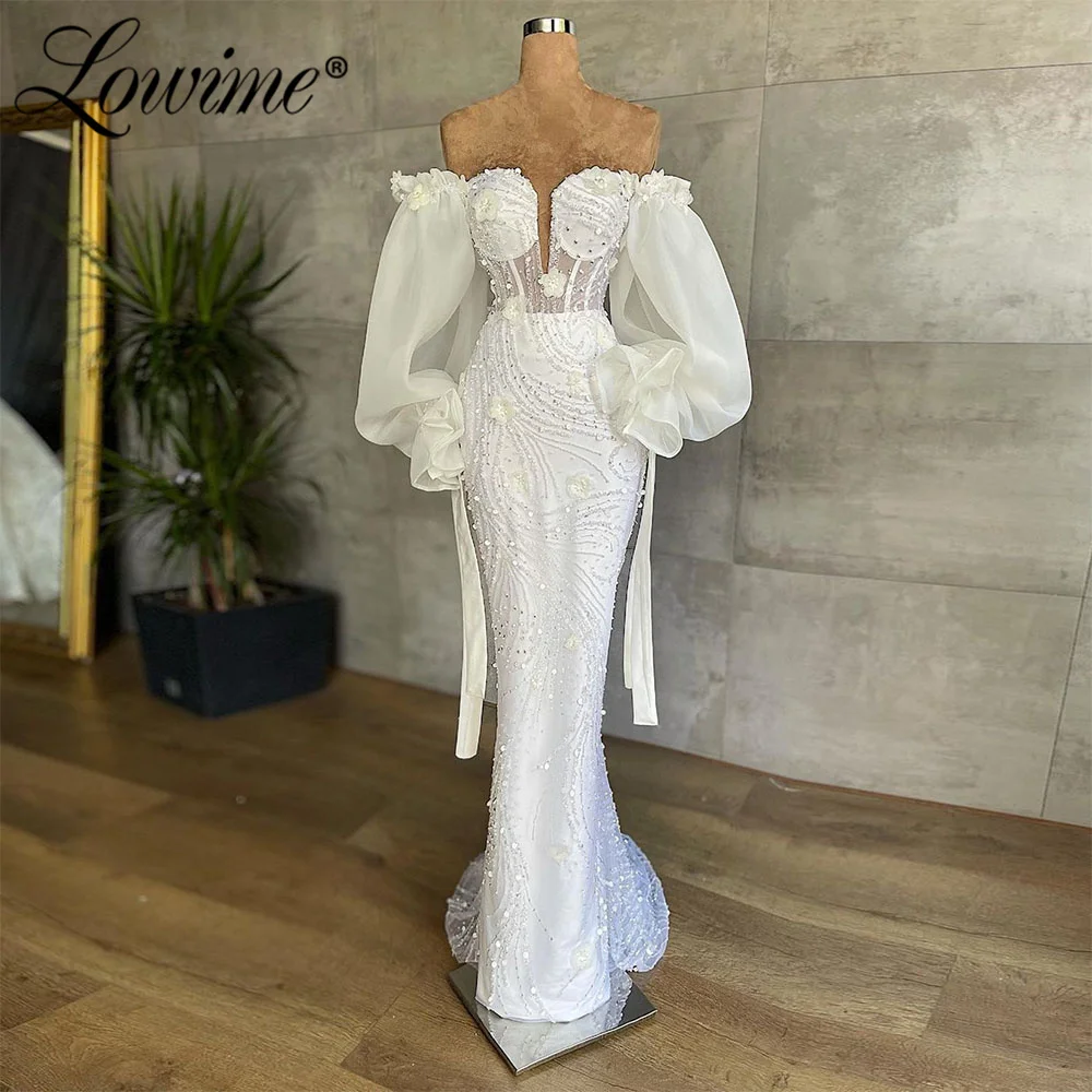 Lowime branco fora do ombro vestidos de noite longos árabe formal miçangas lantejoulas 3d flores feminino vestidos de festa 2022 vestidos de baile