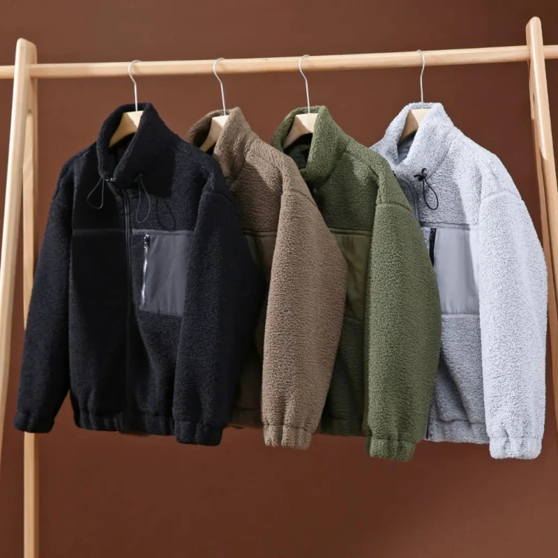 Imitation Lamb Wool Warm Mens Jacket Pocket Color Blocking Stand Collar Coat Zipper Drawstring Windbreak Unisex Loose Outwear