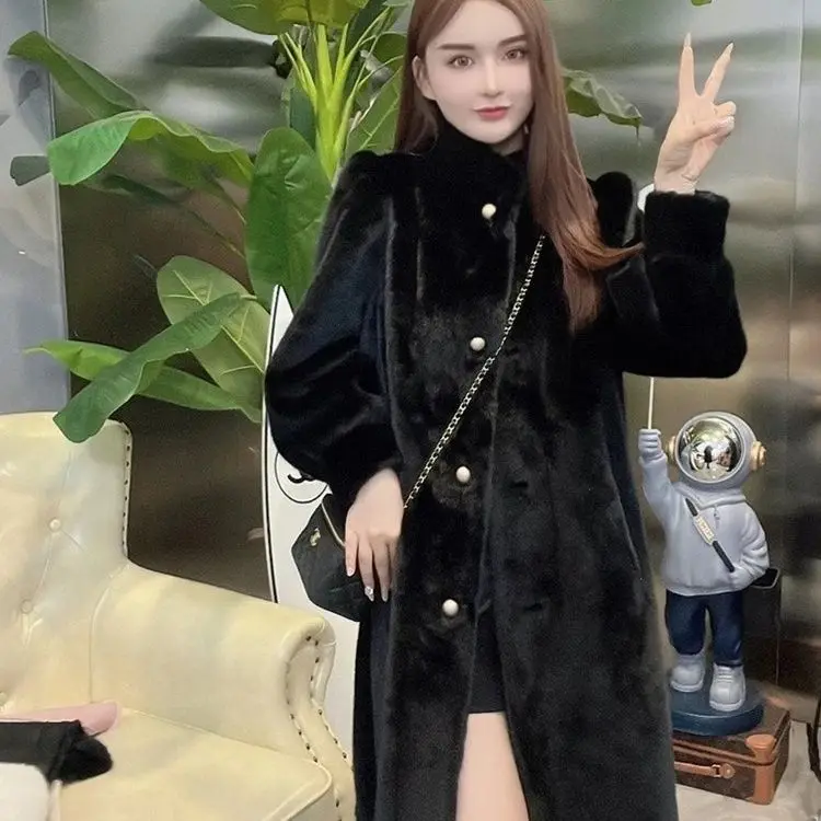 

Faux Fur Elegant Coats Womens Slit Oversized Everyday Elderly Raglan Cotton Padded Sable Woven Jacket Hem Maillard Embroidered