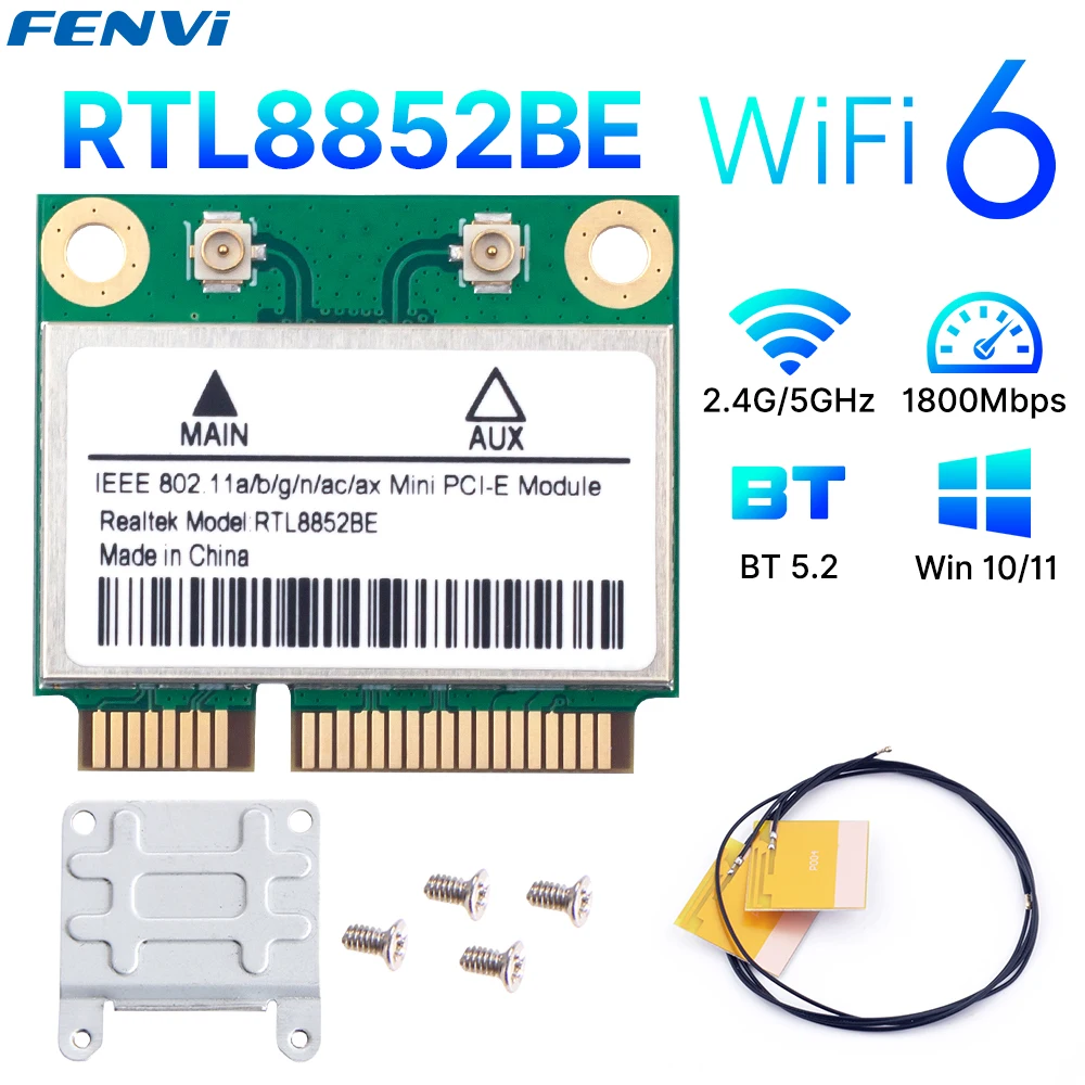 

Сетевая карта fenvi WiFi 6 RTL8852BE AX1800 Mini PCI-E WiFi6 Беспроводной адаптер Bluetooth 5.2 Двухдиапазонный 5G 2.4G MU-MIMO Win 10/11