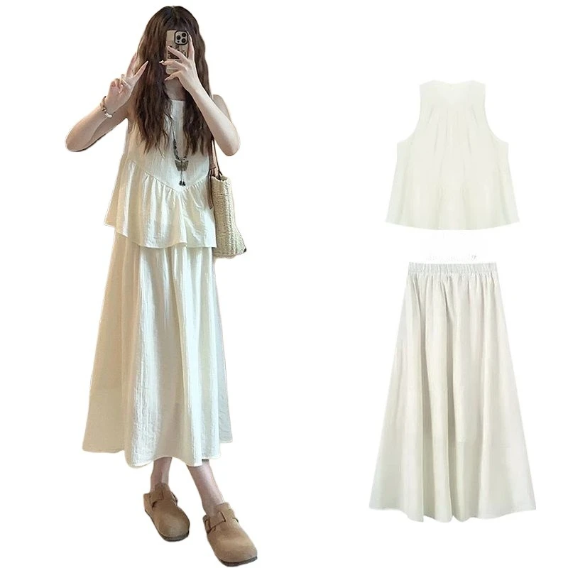 

Летний комплект для отдыха для женщин, новинка 2025, топ без рукавов с круглым вырезом + полуюбка, женский комплект из двух предметов в японском стиле