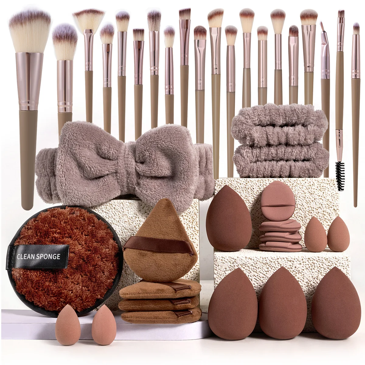 Makeup Brushes and Sponges Set, Brown Makeup Puff, Beauty Egg, Headband, Wristband Remover Kit, Makeup Tool, Gift, 20/40