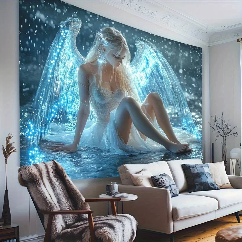 VIKAMA Leuchtender Magischer Engel-Wandteppich, Lumineszierende Flügel Wandbehang, Mystischer Wassergeist Schlafzimmer Wanddekoration