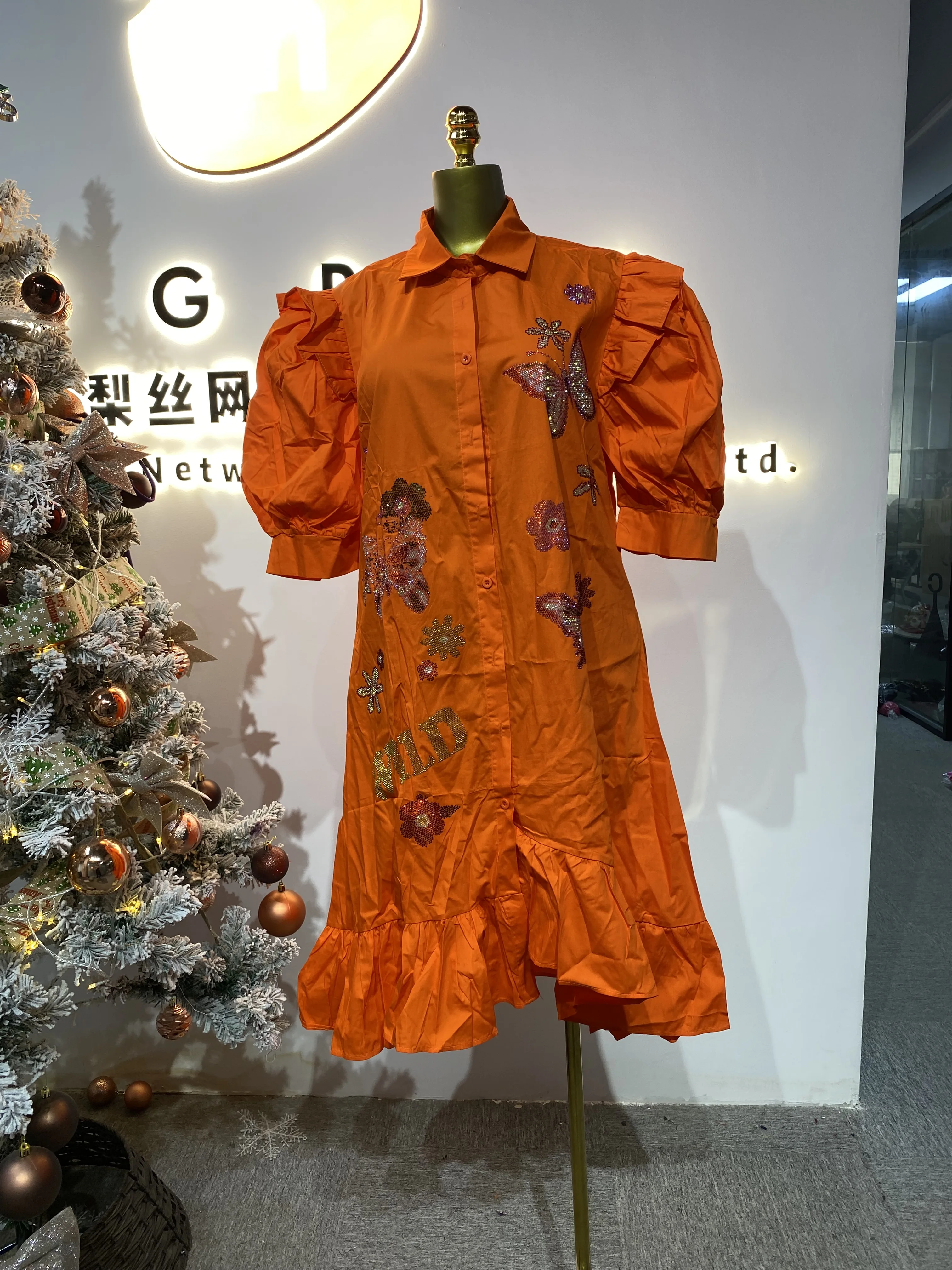 

New Ultra Comfortable Flutter Sleeve Women's High Quality Cotton Shirt Style Layered Dress-GZMM053