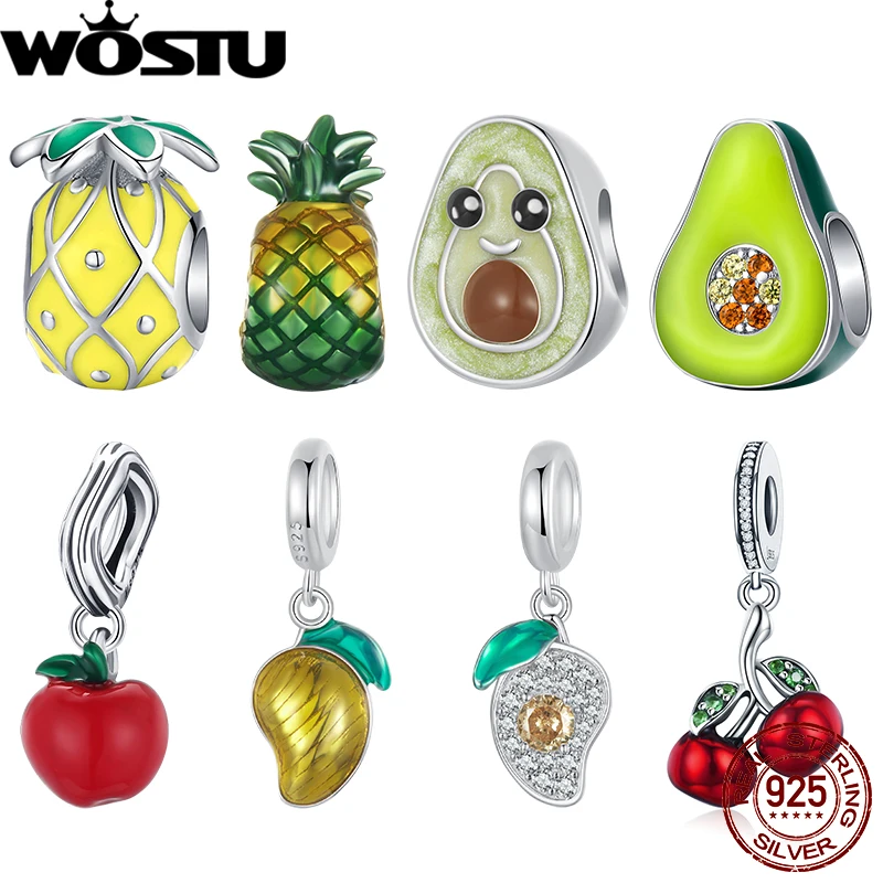 

WOSTU 925 Sterling Silver Fruits Charm Double-faced Mango Pendant Enamel Colorful Beads Fit Original DIY Bracelet Summer Gift