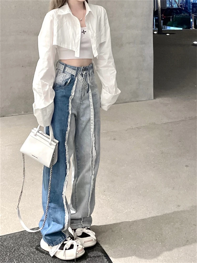 New Spring Autumn Streetwear Harajuku Punk Gothic Hot Girl Blue Stitching Ragged Pants Fashion High Waist Loose Large Size Pants