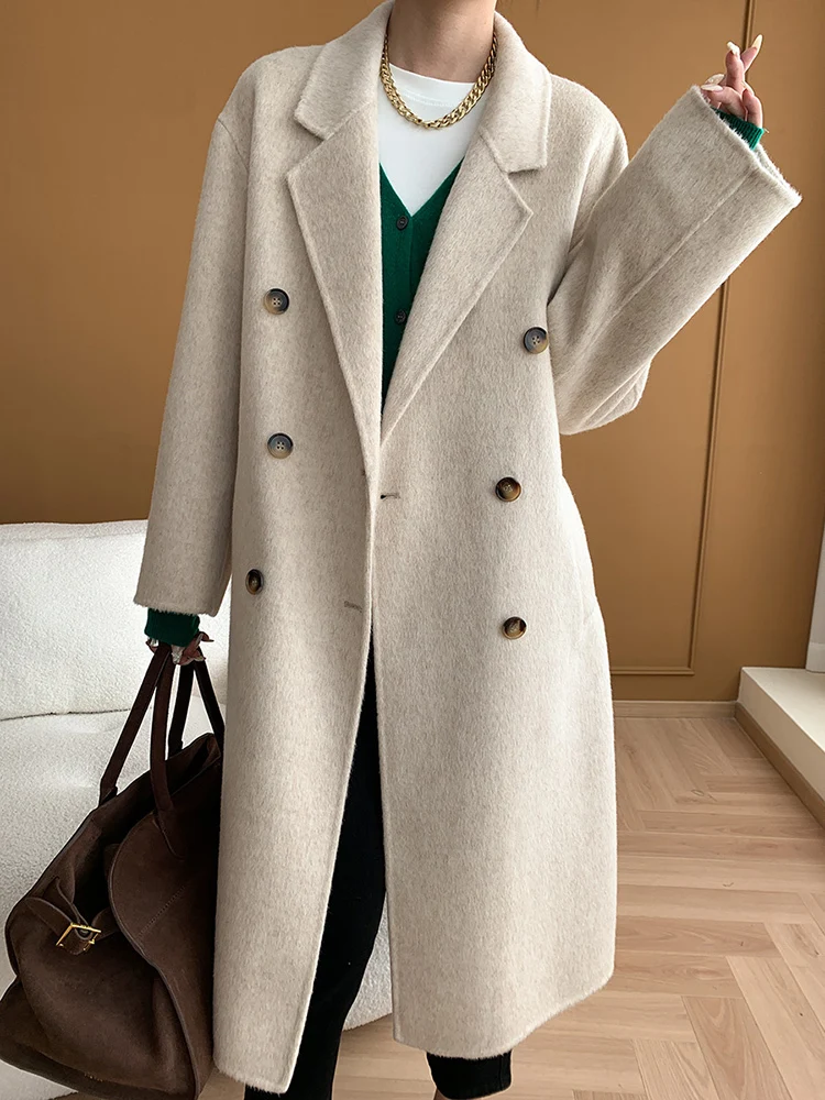 [EAM] Oat Color Big Size 82.9% Wool Woolen Coat New Lapel Long Sleeve Women Jacket Fashion Tide Autumn Winter 2024 1DH7558