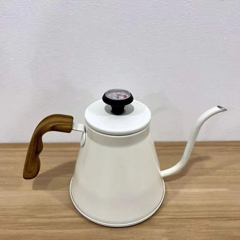 1.2L Stainless Steel Coffee Pot Nordic Style Gooseneck Kettle with Thermometer Vintage Wood Handle Coffee Maker Kettle