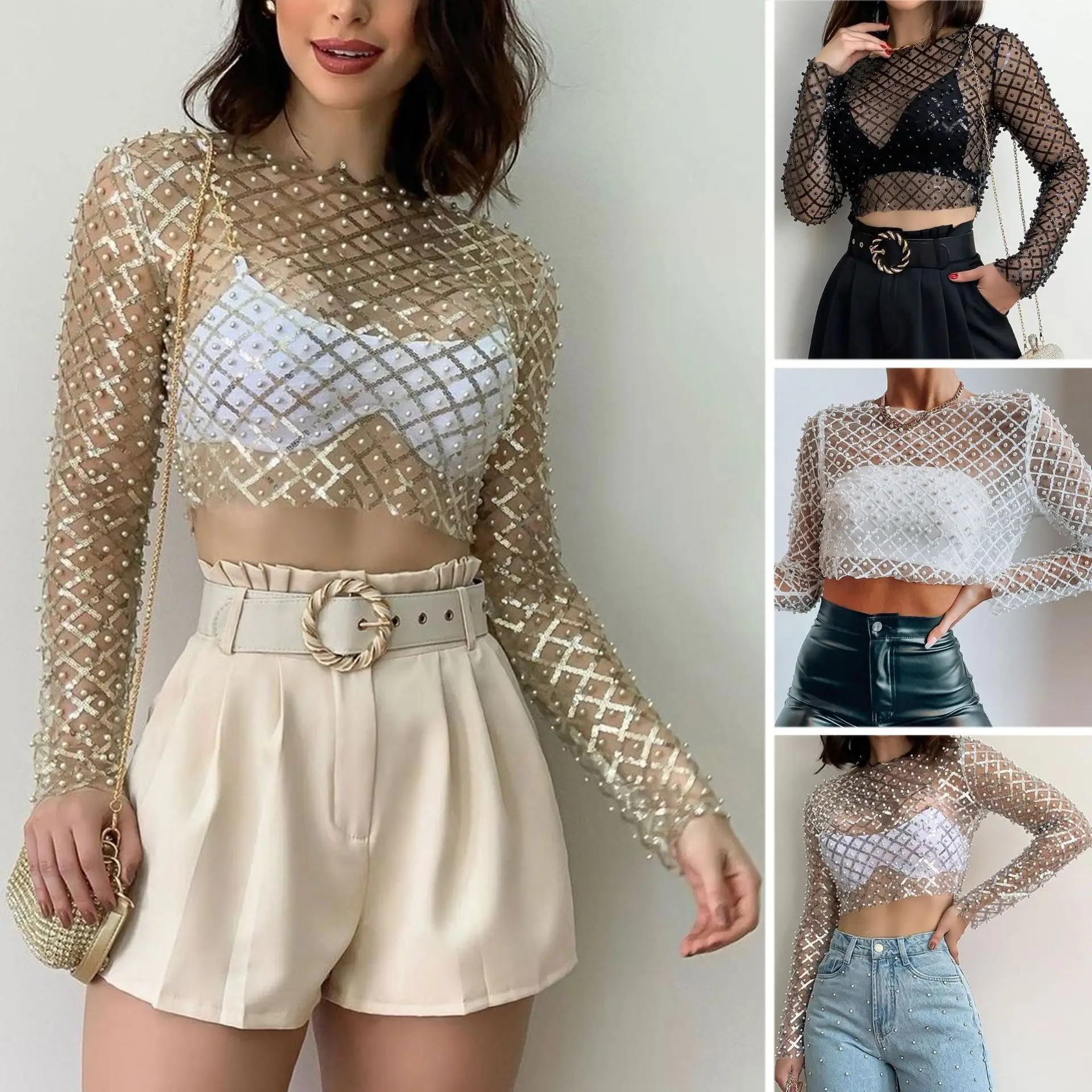 2023 New Women's Sexy Mesh Beaded Sequin Long Sleeved Top T-Shirt