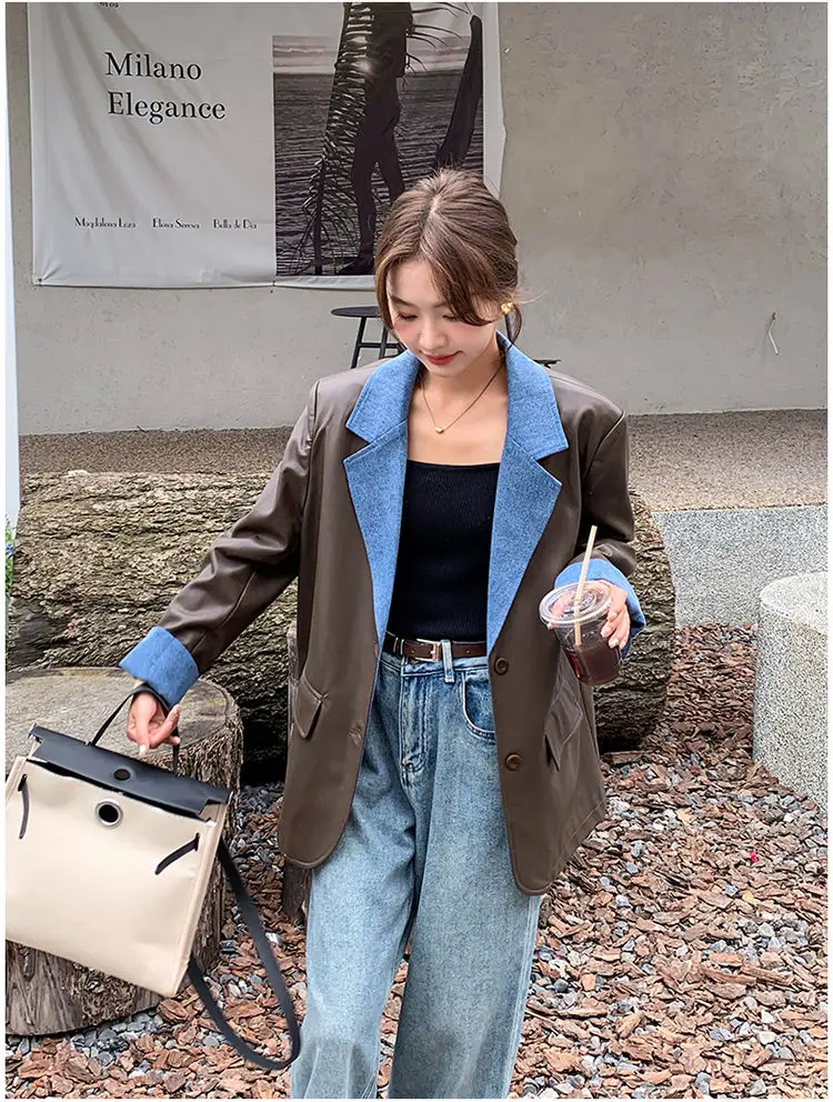 Casual Short Blazer Suit Jacket,for Women Clothing,Spring Autumn Denim Patchwork Leather Jackets, 2024 New Street Suit Coats