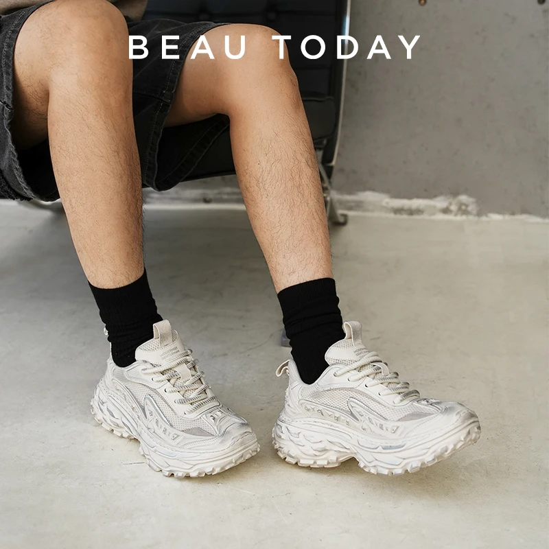 BEAUTODAY Sneakers Men Microfiber Fabric Solid Colors Round Toe Thick Sole Sewing Platform Lace-up Male Shoes Handmade 58378