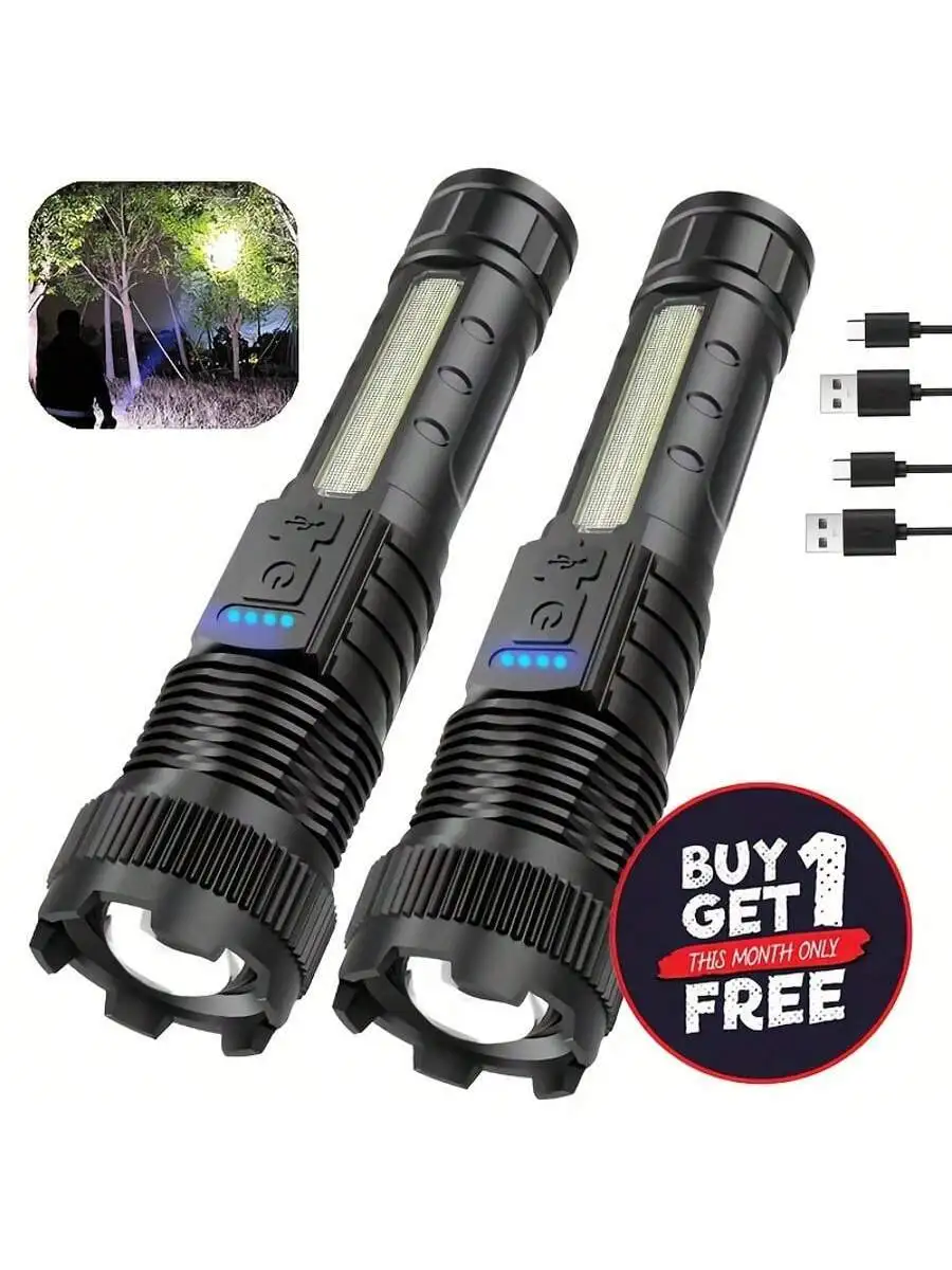 High Lumens Rechargeable Flashlight 2 Pack, Super Bright LED Tactical Light with 7 Modes, Zoomable, Waterproof for Camping