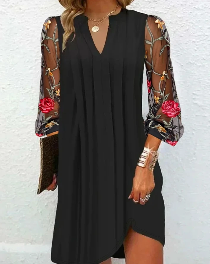 

Elegant Style 2024 Early Spring Summer Dress Simple V-Neck Long Sleeve Floral Embroidery Mesh Patch Ruched Casual Daily Dress