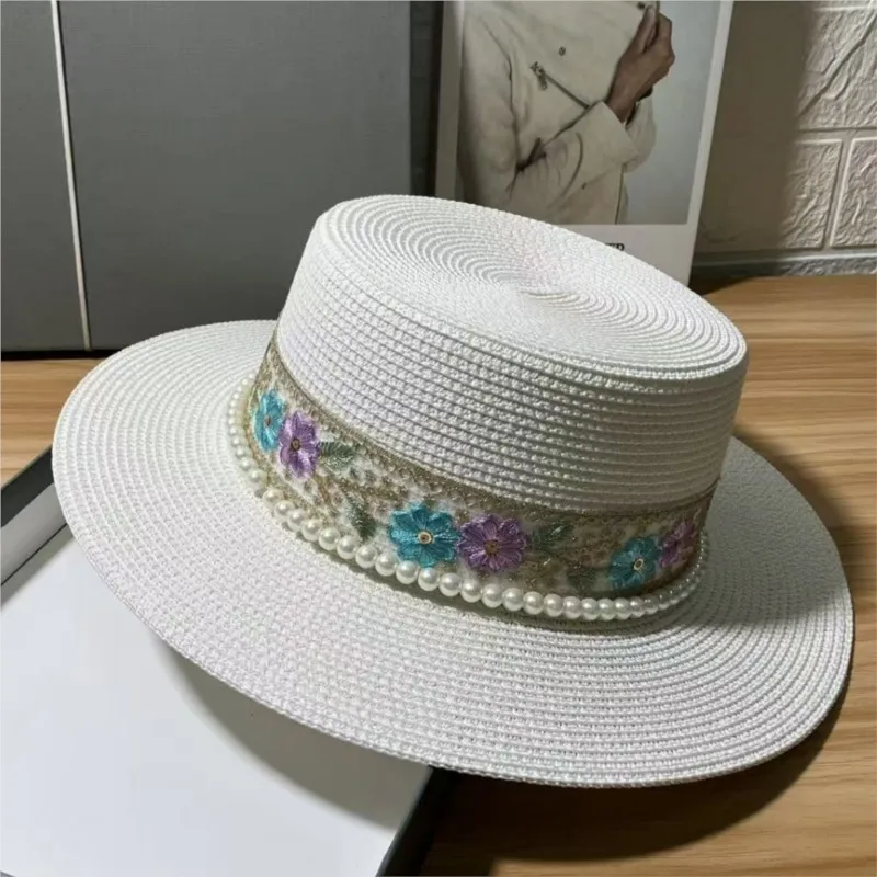 A new style of elegant and stylish lace ribbon flat-topped hat for women made