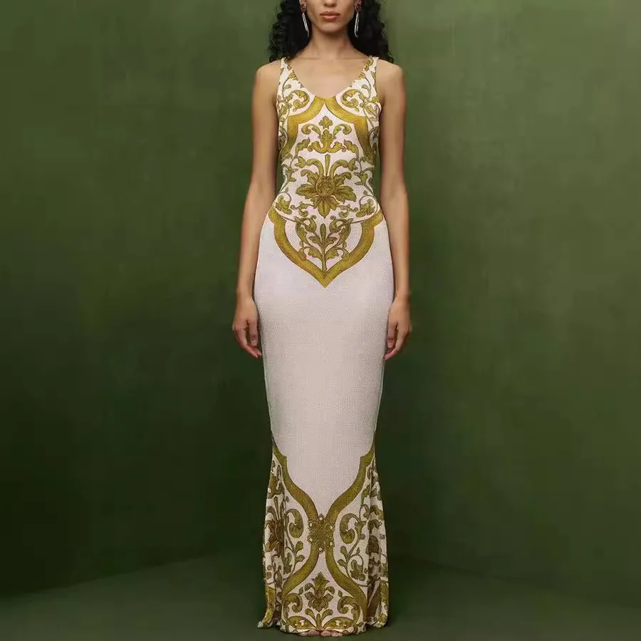 2025 Europäischer und amerikanischer neuer Stil, Blumendruck, V-Ausschnitt, Riemen, langes böhmisches Urlaubs-elegantes langes Kleid