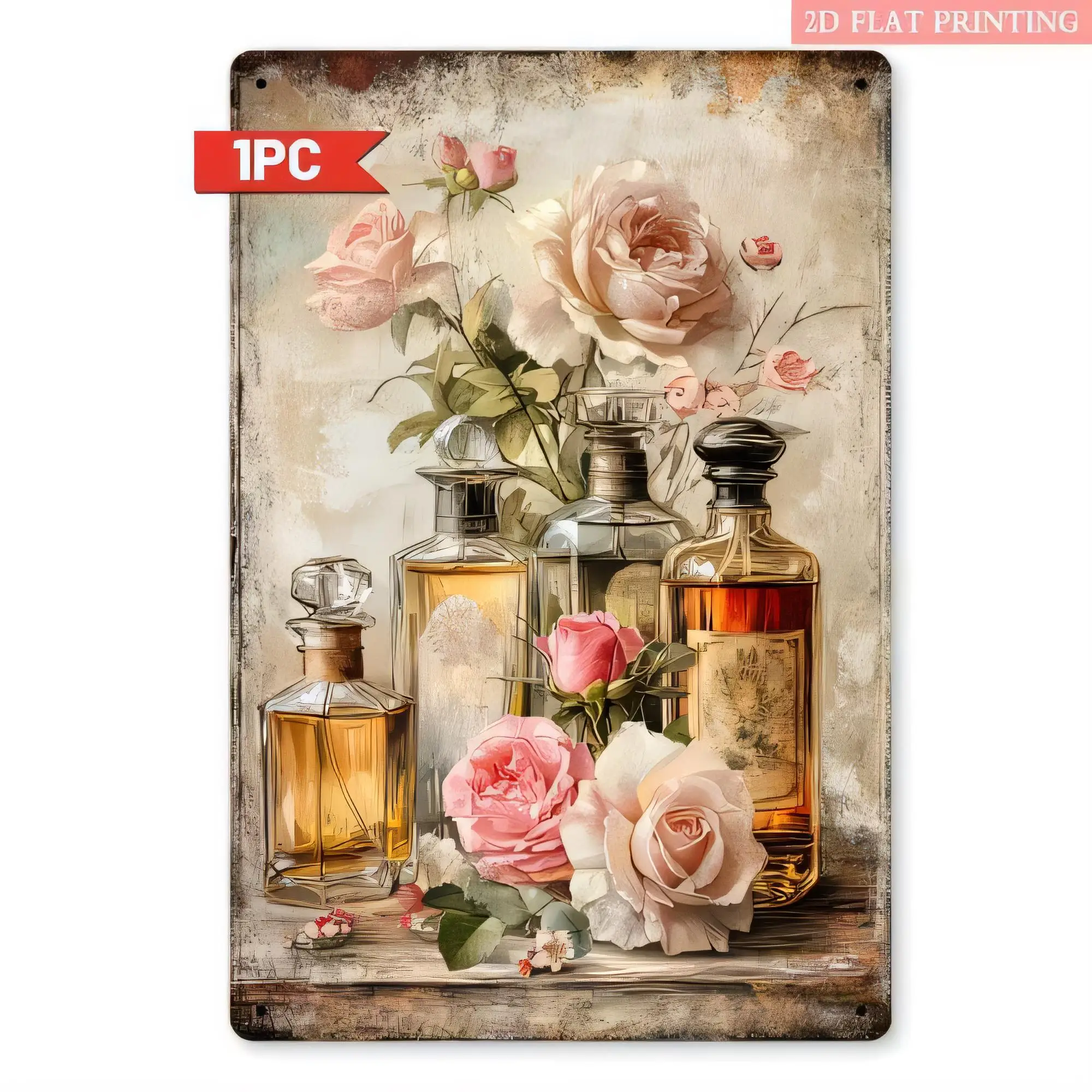 Tin Sign Vintage Rose Perfume Bottles Metal Wall Decor 2D Flat Printing Rustic Shabby Chic Floral Plaque for Bedroom Bathroom Li