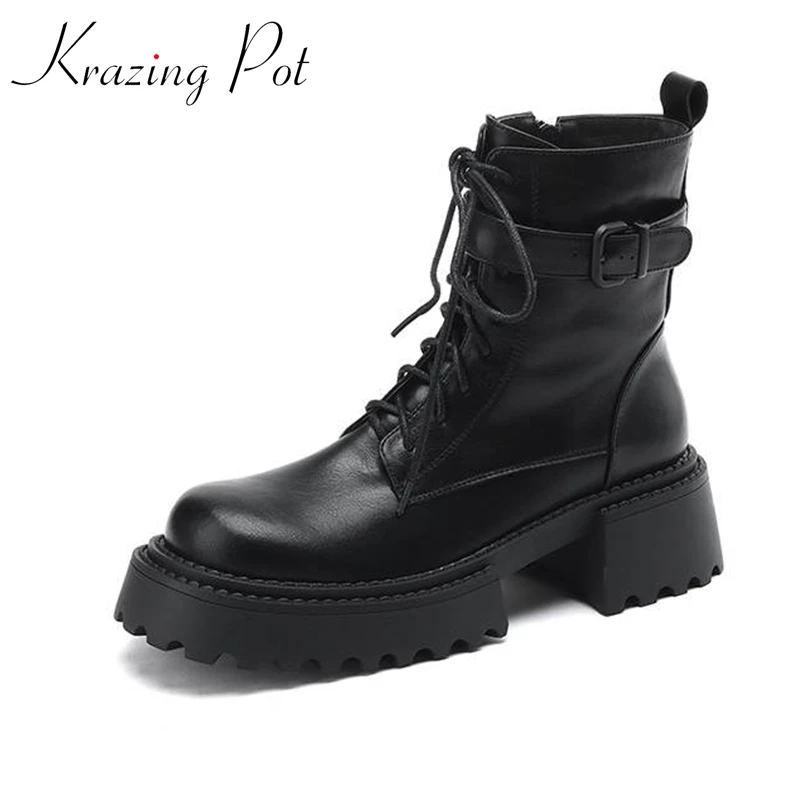 Krazing Pot Cow Leather Round Toe Thick Heels Winter Keep Warm Motorcycle Boots Lace Up Business Casual Rock Singer Ankle Boots