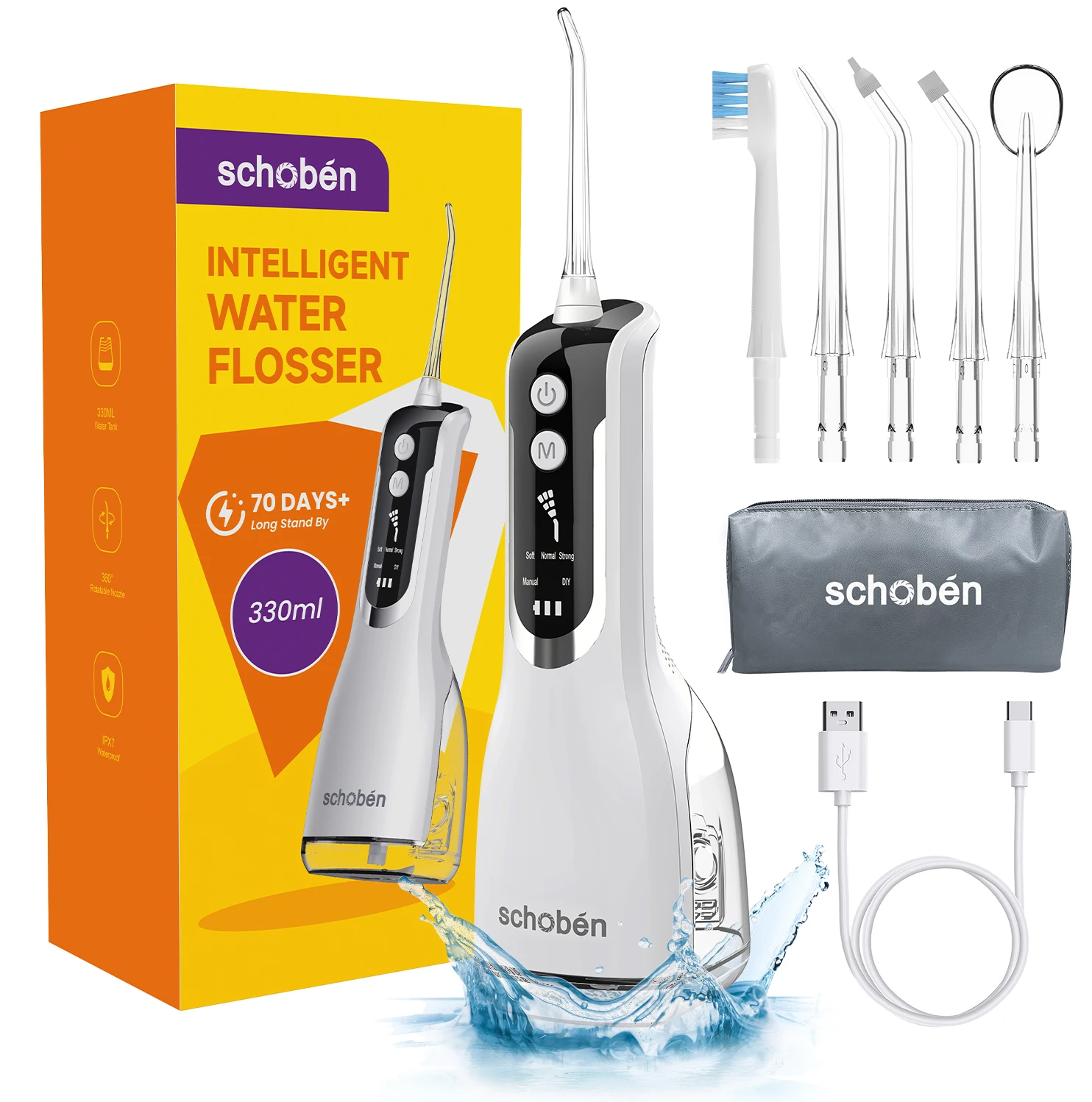 Schoben Orale Irrigator Draagbare Tandheelkundige Water Flosser Ipx7 Waterdicht Oplaadbaar 5 Modi Tanden Reiniger 330Ml Tandwaterstraal