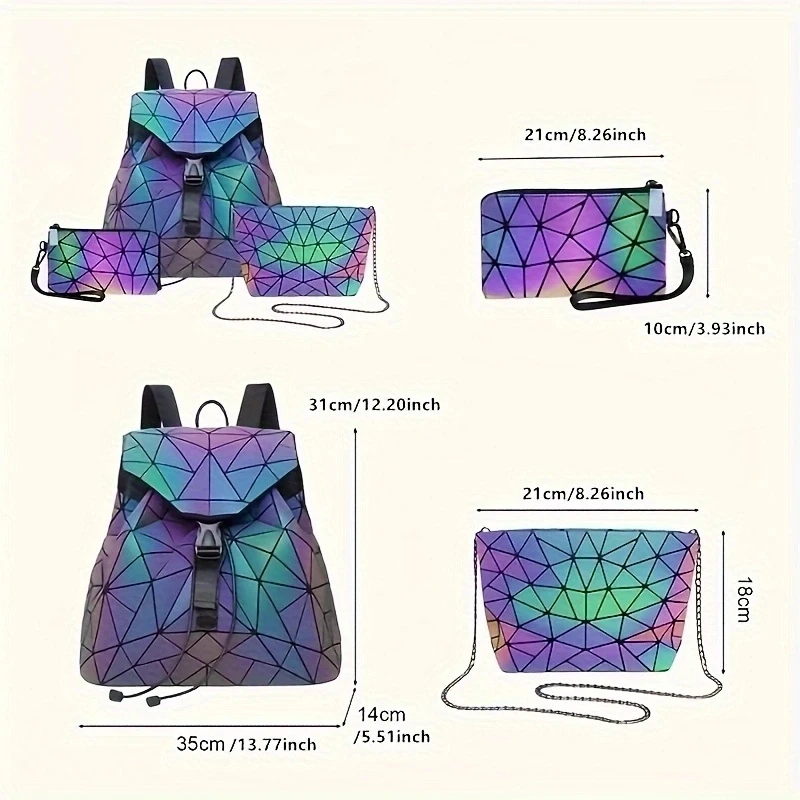 Fashion Drawstring Folding Backpack 3 Set/Holographic Diamond Luminous Travel Bag/Shoulder Bag/Long Purset