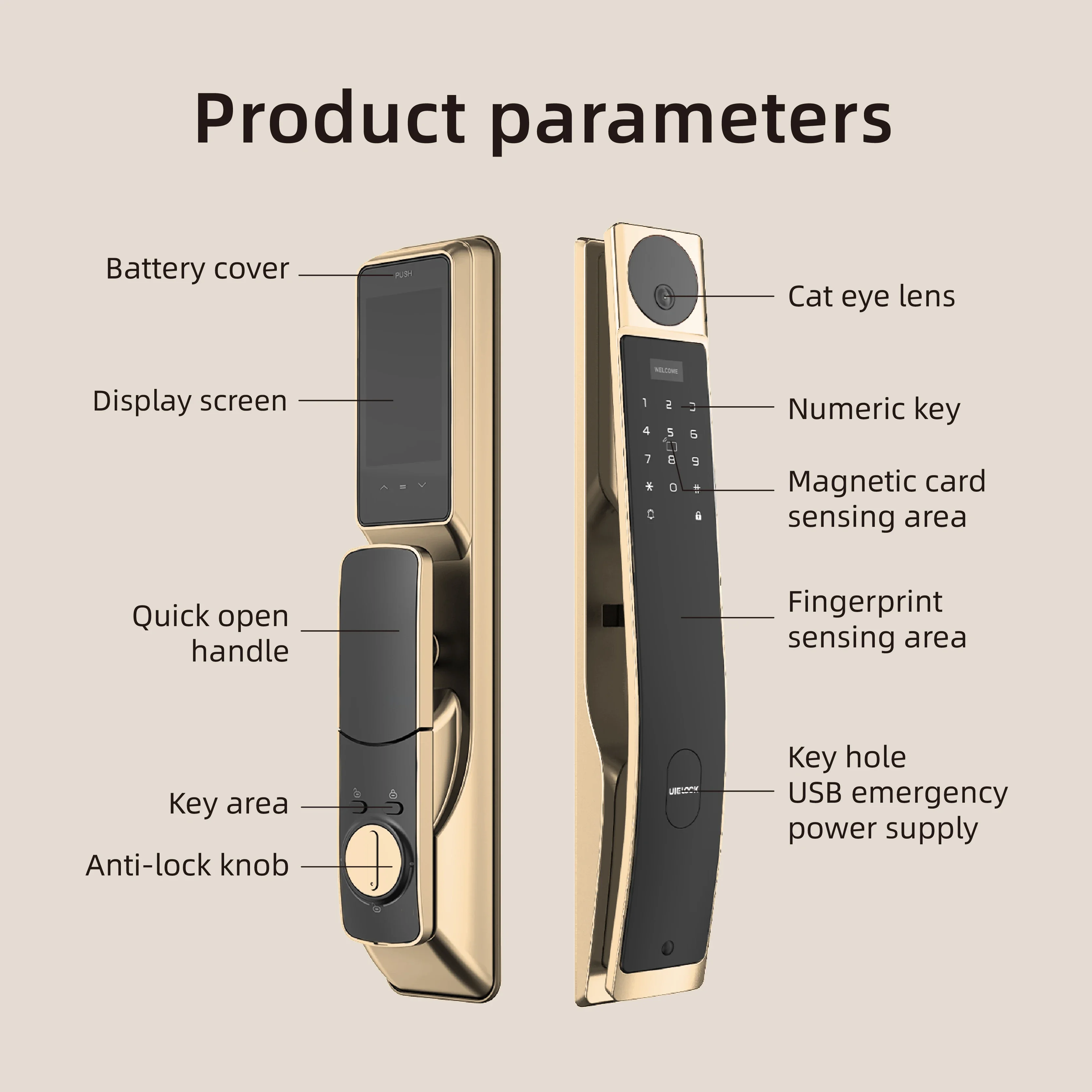 UIELOCK Tuya WiFi Electronic Digital Door Lock Code Card Phone Fingerprint Face Recognition Aluminum Smart Door Lock with Camera