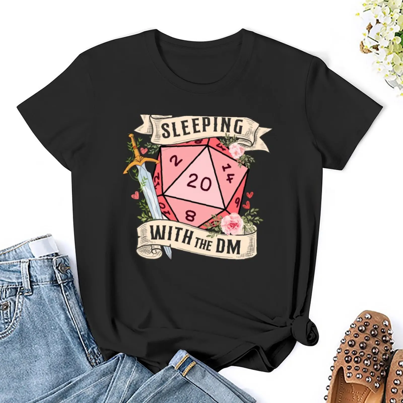 SLEEPING WITH THE DUNGEON MASTER: Cute D20 dnd dice with flowers and sword T-Shirt funnys Women clothes